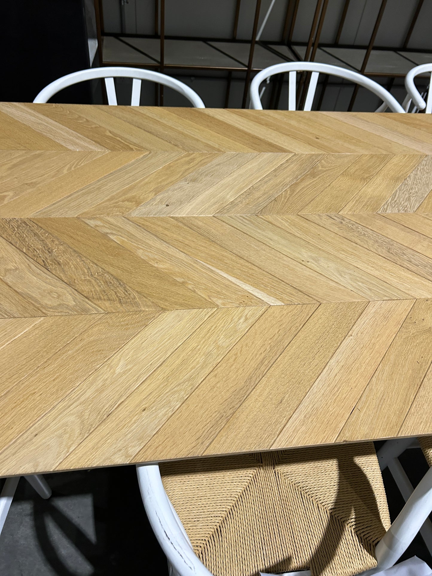 GLOBEWEST HENLY DINING TABLE CHEVRON- METAL WHITE LEGS