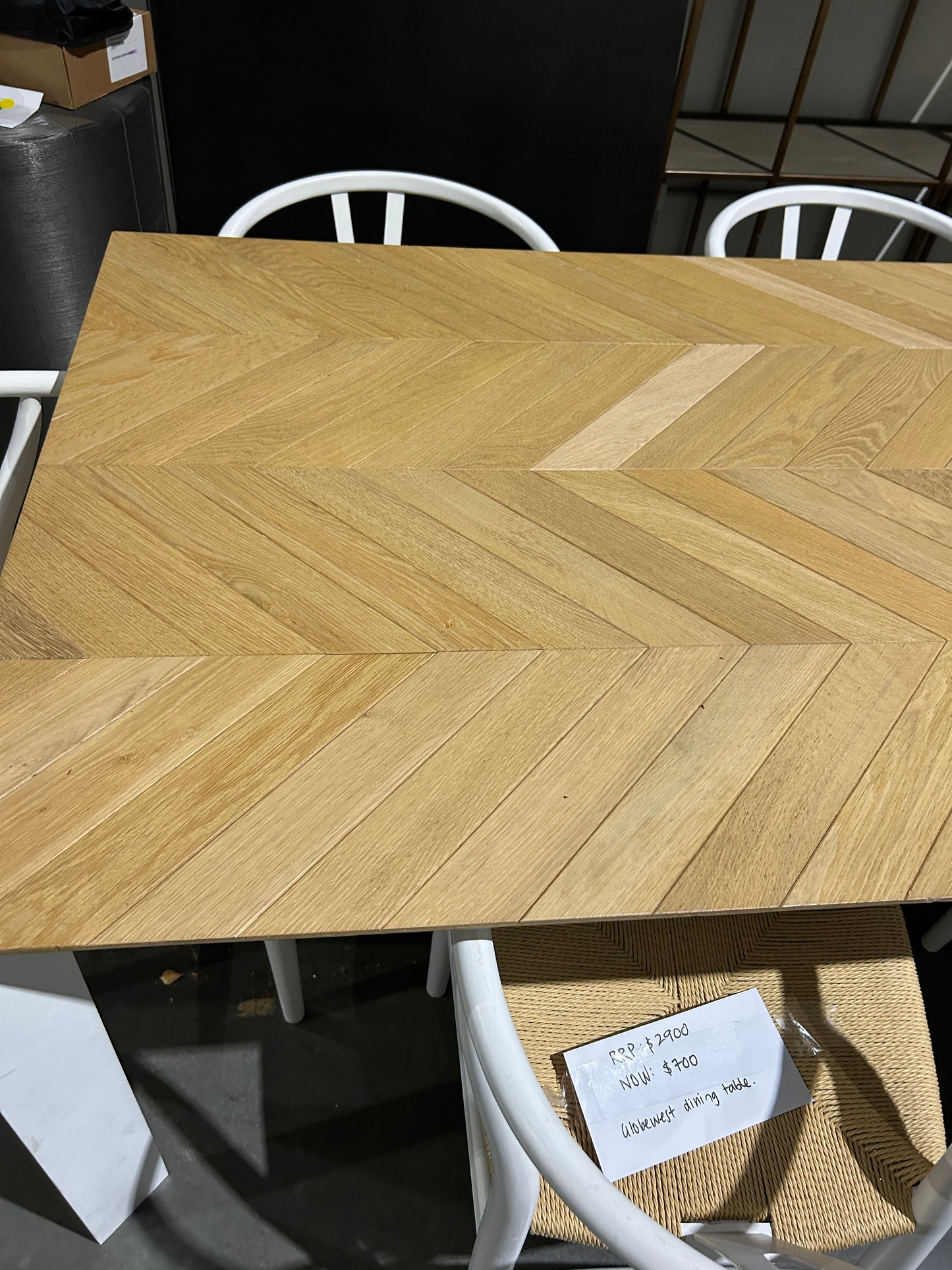 GLOBEWEST HENLY DINING TABLE CHEVRON- METAL WHITE LEGS